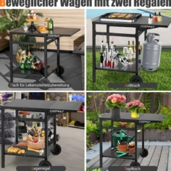 Grillwagen mit Klappbarer Tischplatte & 2 Ablagen & 4 Haken Beweglicher Campingtisch