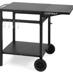 Grillwagen mit Klappbarer Tischplatte & 2 Ablagen & 4 Haken Beweglicher Campingtisch