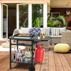 Grillwagen mit Klappbarer Tischplatte & 2 Ablagen & 4 Haken Beweglicher Campingtisch