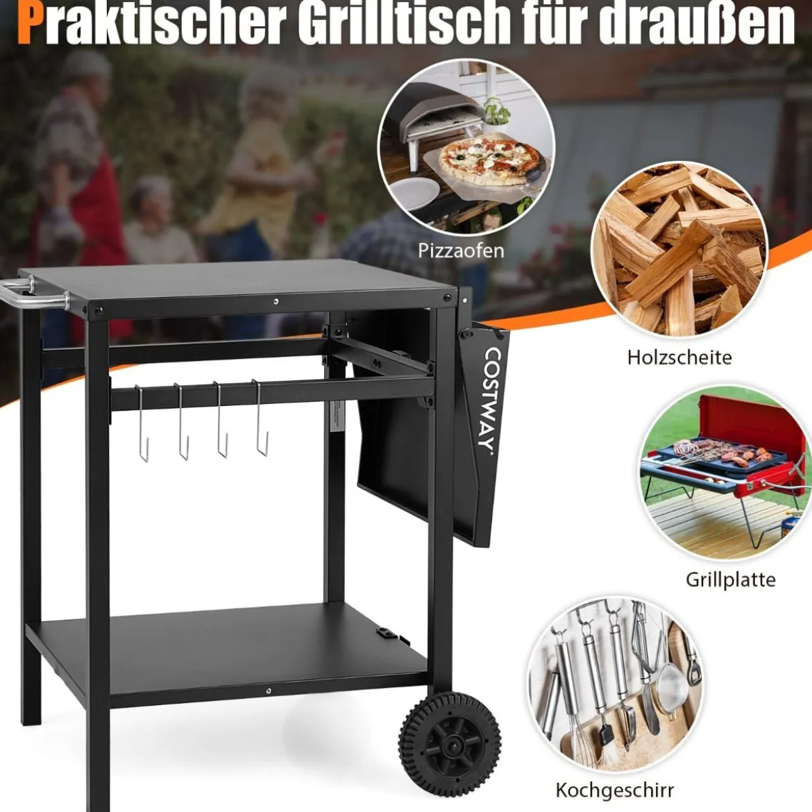 Grillwagen mit Klappbarer Tischplatte & 2 Ablagen & 4 Haken Beweglicher Campingtisch