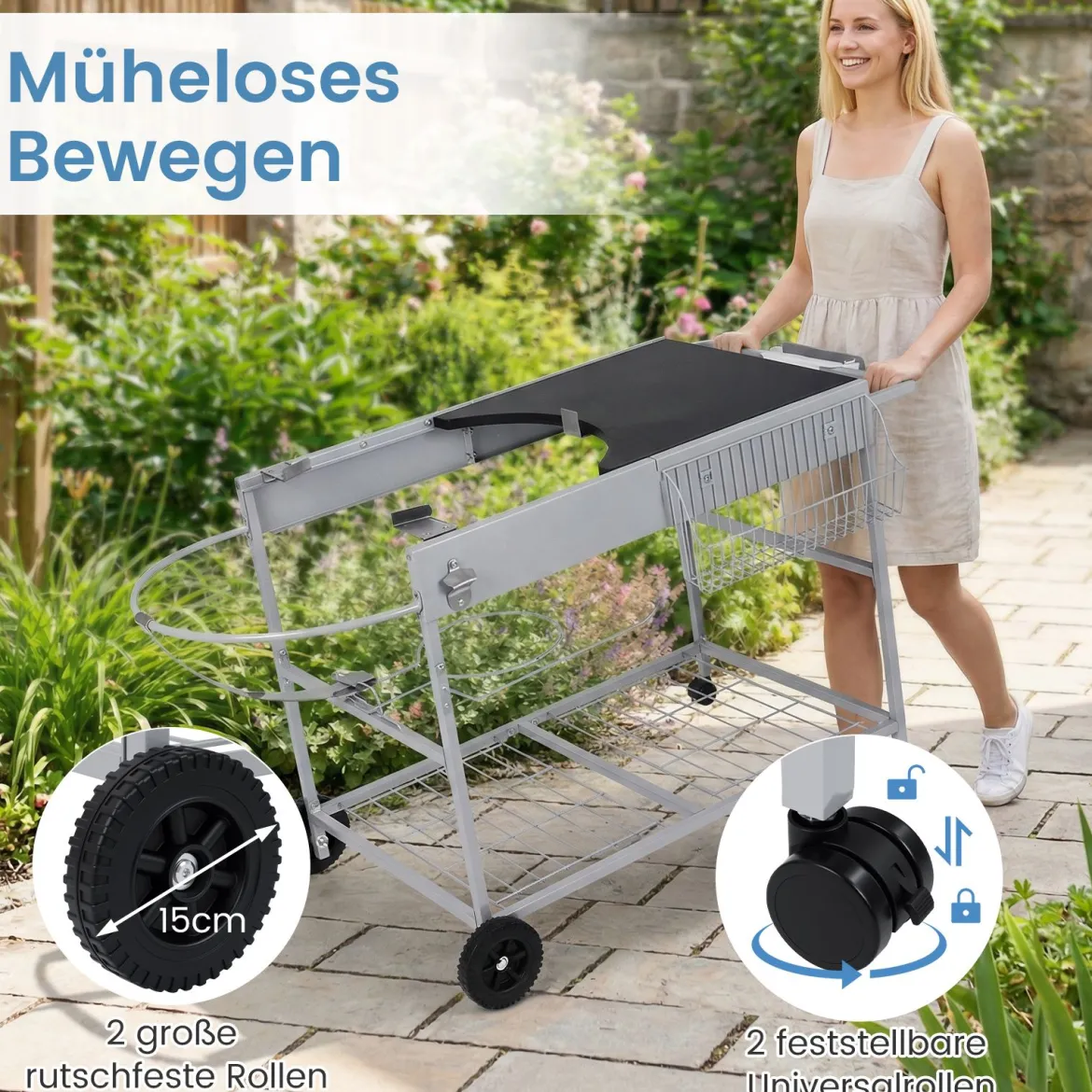 Grillwagen mit 4 Rollen & Großer Arbeitsplatte & Gewürzregal & Mülleimer Beistellwagen Grilltisch