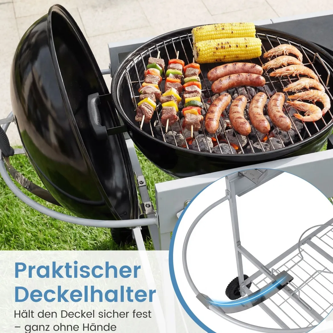 Grillwagen mit 4 Rollen & Großer Arbeitsplatte & Gewürzregal & Mülleimer Beistellwagen Grilltisch