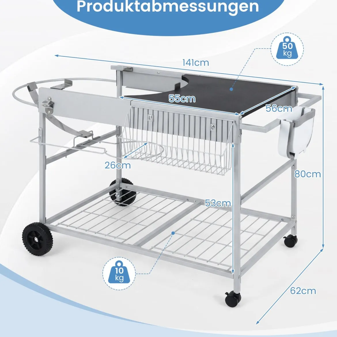 Grillwagen mit 4 Rollen & Großer Arbeitsplatte & Gewürzregal & Mülleimer Beistellwagen Grilltisch