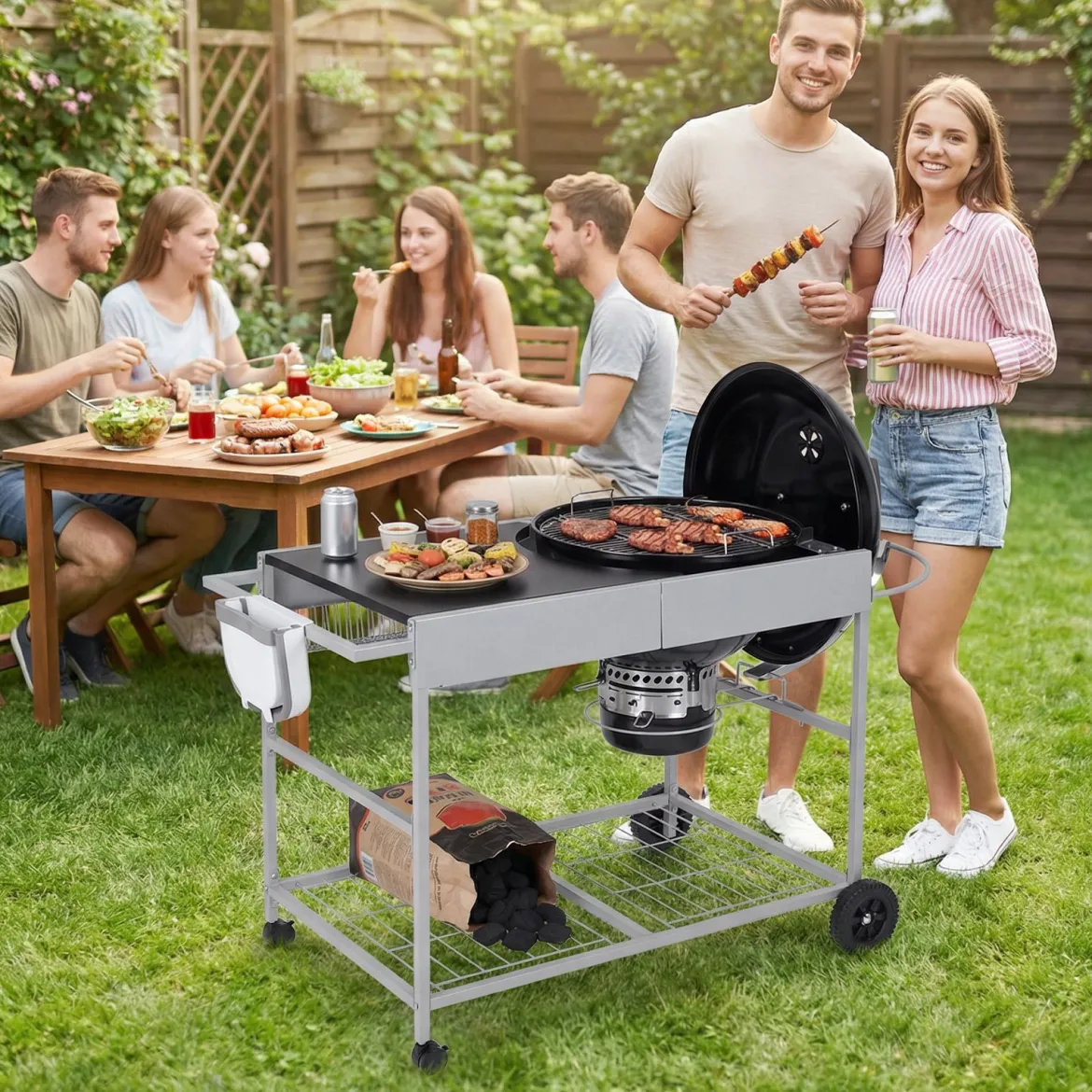 Grillwagen mit 4 Rollen & Großer Arbeitsplatte & Gewürzregal & Mülleimer Beistellwagen Grilltisch