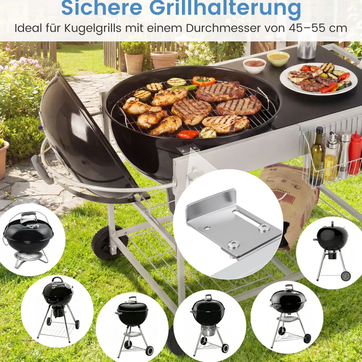 Grillwagen mit 4 Rollen & Großer Arbeitsplatte & Gewürzregal & Mülleimer Beistellwagen Grilltisch