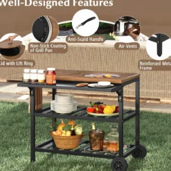 Grillwagen Outdoor Grilltisch auf Rollen Mobiler Pizzatisch mit Koreanischem Holzkohlegrill