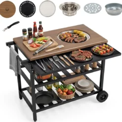 Grillwagen Outdoor Grilltisch auf Rollen Mobiler Pizzatisch mit Koreanischem Holzkohlegrill