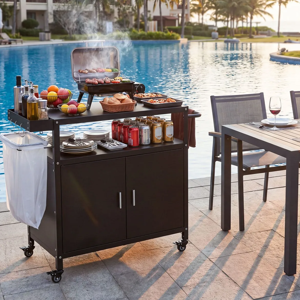 Grillwagen Outdoor Grilltisch mit Schrank & Große Tischplatte Grill Trolley mit Rollen & Seitengriff