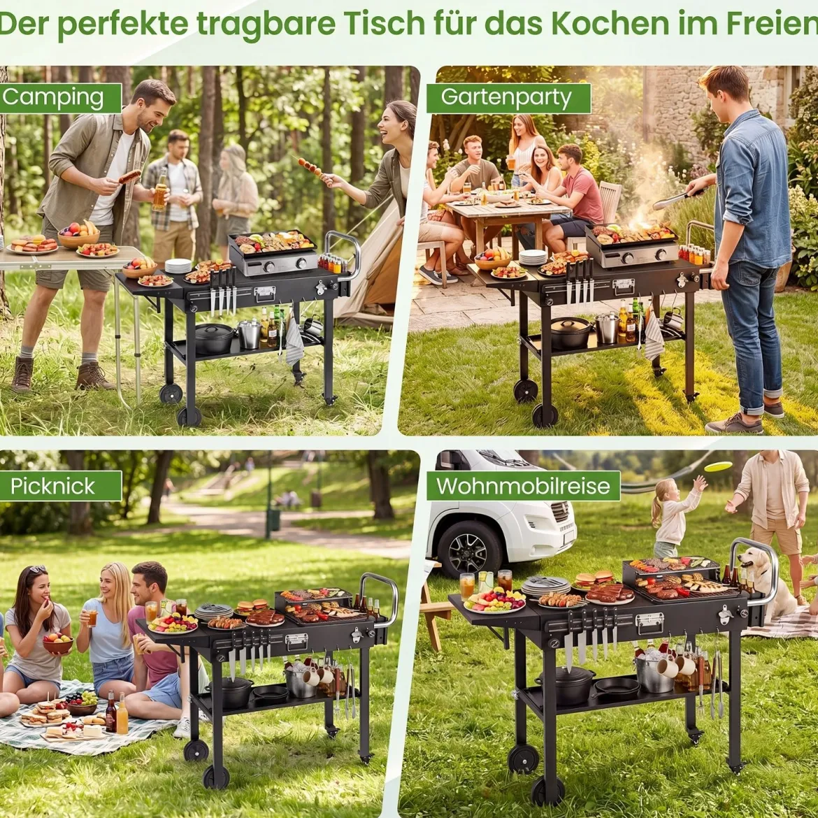 Grillwagen Outdoor Grilltisch auf Rollen mit Klappbarer Tischplatte Seitlicher Ablage