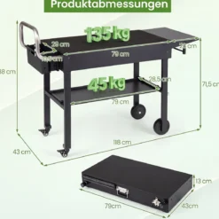Grillwagen Outdoor Grilltisch auf Rollen mit Klappbarer Tischplatte Seitlicher Ablage