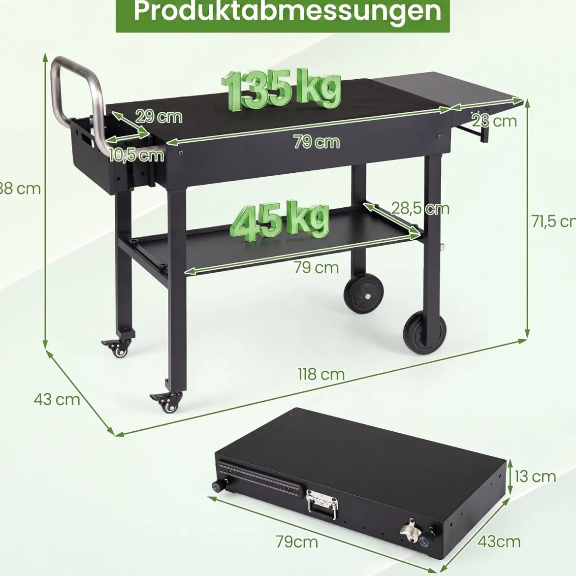 Grillwagen Outdoor Grilltisch auf Rollen mit Klappbarer Tischplatte Seitlicher Ablage