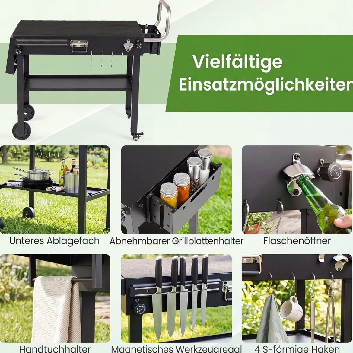 Grillwagen Outdoor Grilltisch auf Rollen mit Klappbarer Tischplatte Seitlicher Ablage