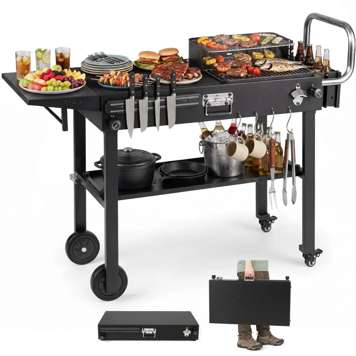 Grillwagen Outdoor Grilltisch auf Rollen mit Klappbarer Tischplatte Seitlicher Ablage