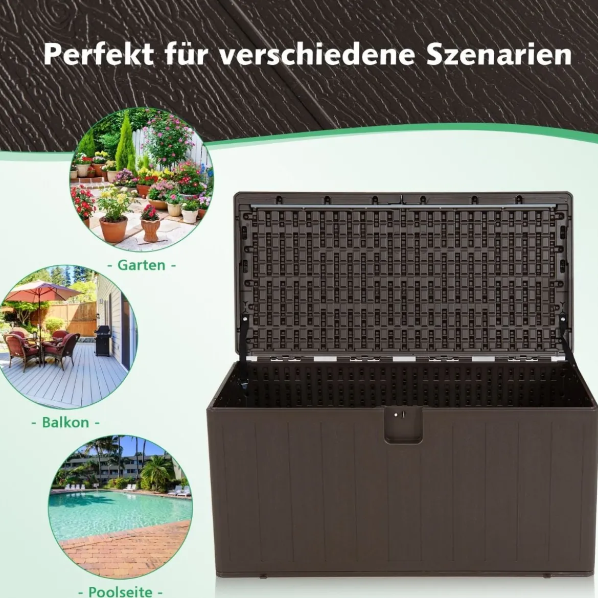 Große Aufbewahrungsbox mit 400 L Kapazität Sonnengeschützte Truhe 127,5 x 64 x 64 cm Braun