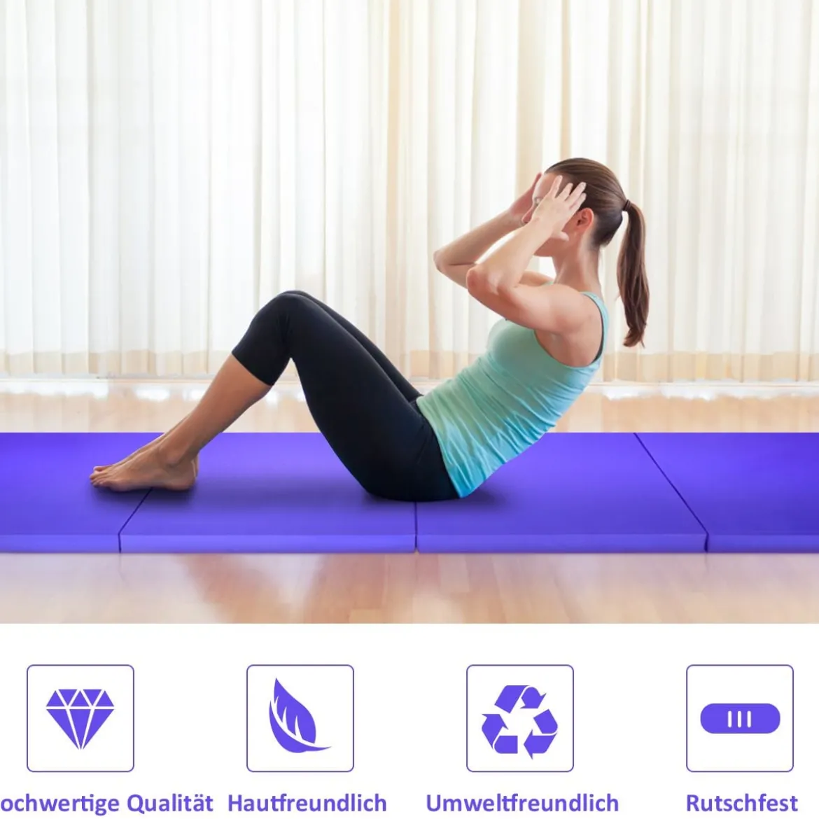 Große faltbare Gymnastikmatten mit Klettverschlüssen und praktischem Griff dicke Yogamatte aus Kunstleder Lila