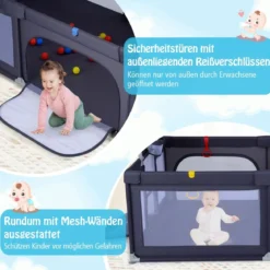 Großer Baby-Laufstall sicherer Spielbereich mit Basketballkorb & Fußballnetzen Greifringen Dunkelgrau