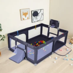 Großer Baby-Laufstall sicherer Spielbereich mit Basketballkorb & Fußballnetzen Greifringen Dunkelgrau