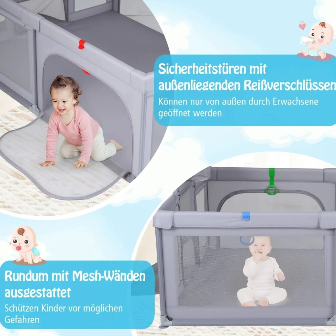 Großer Baby-Laufstall sicherer Spielbereich mit Basketballkorb & Fußballnetzen Greifringen Hellgrau