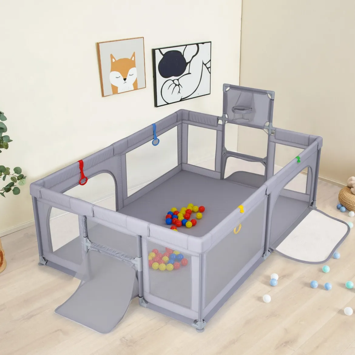 Großer Baby-Laufstall sicherer Spielbereich mit Basketballkorb & Fußballnetzen Greifringen Hellgrau