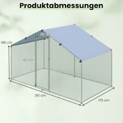 Großer Hühnerstall Freilaufgehege begehbarer Geflügelstall mit Überdachung abschließbarer Tür 300 cm x 170 cm x 190 cm Silber
