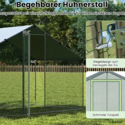 Großer Hühnerstall Freilaufgehege begehbarer Geflügelstall mit Überdachung abschließbarer Tür 300 cm x 170 cm x 190 cm Silber