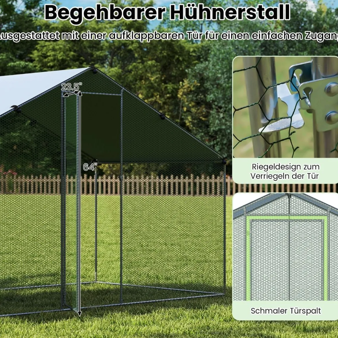 Großer Hühnerstall Freilaufgehege begehbarer Geflügelstall mit Überdachung abschließbarer Tür 300 cm x 170 cm x 190 cm Silber