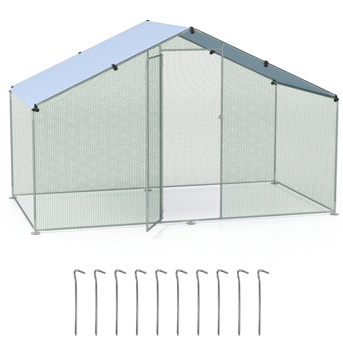Großer Hühnerstall Freilaufgehege begehbarer Geflügelstall mit Überdachung abschließbarer Tür 300 cm x 170 cm x 190 cm Silber