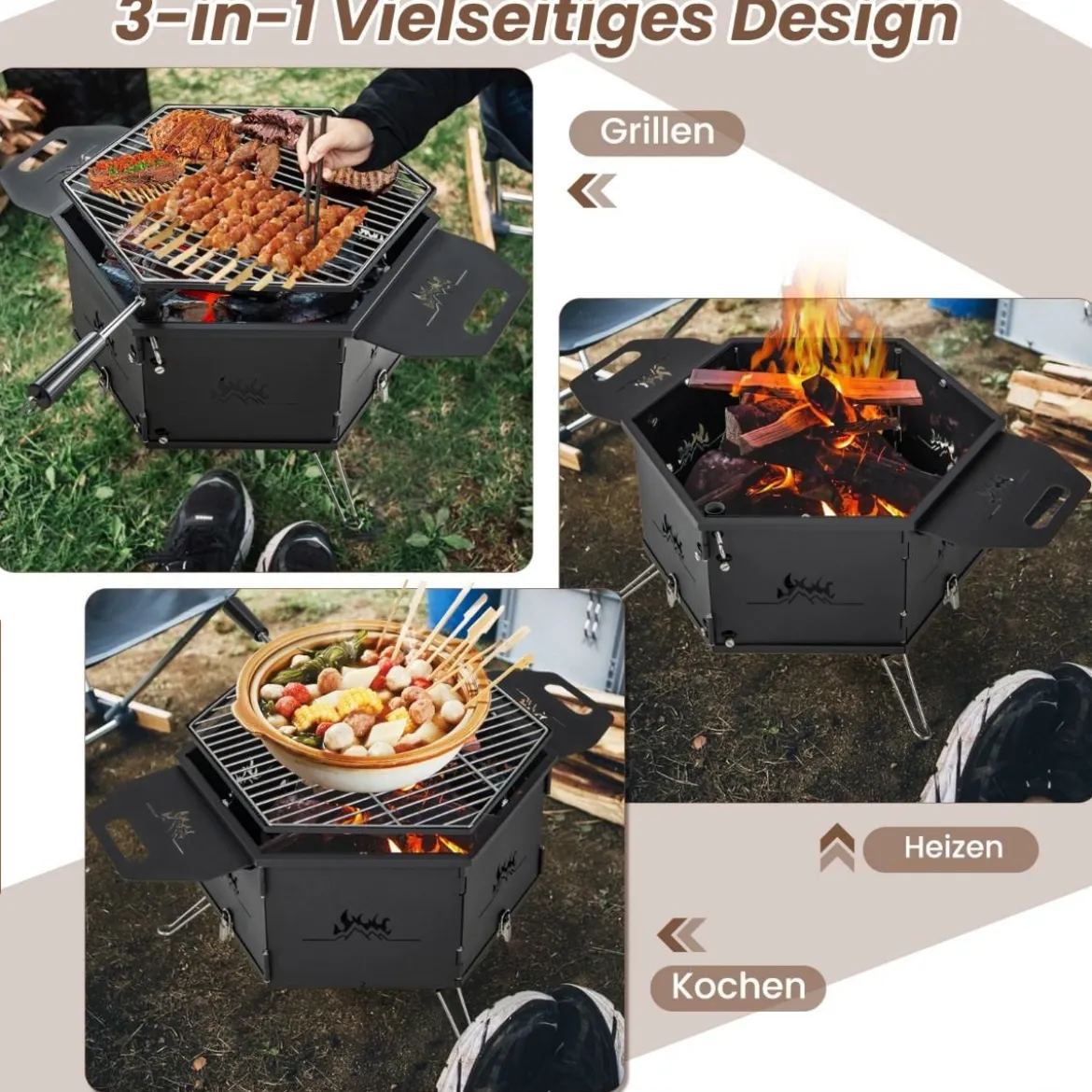 großer Holzkohlegrill mit 360° drehbarem Grill 2 in 1 Feuerschale 77 x 74 x 38 cm
