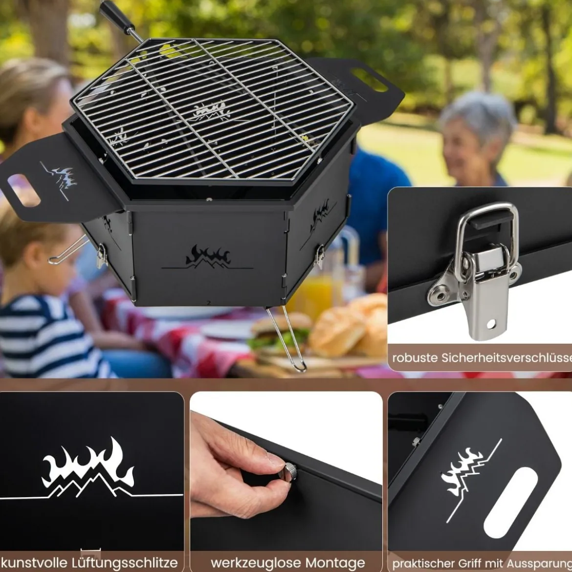 großer Holzkohlegrill mit 360° drehbarem Grill 2 in 1 Feuerschale 77 x 74 x 38 cm