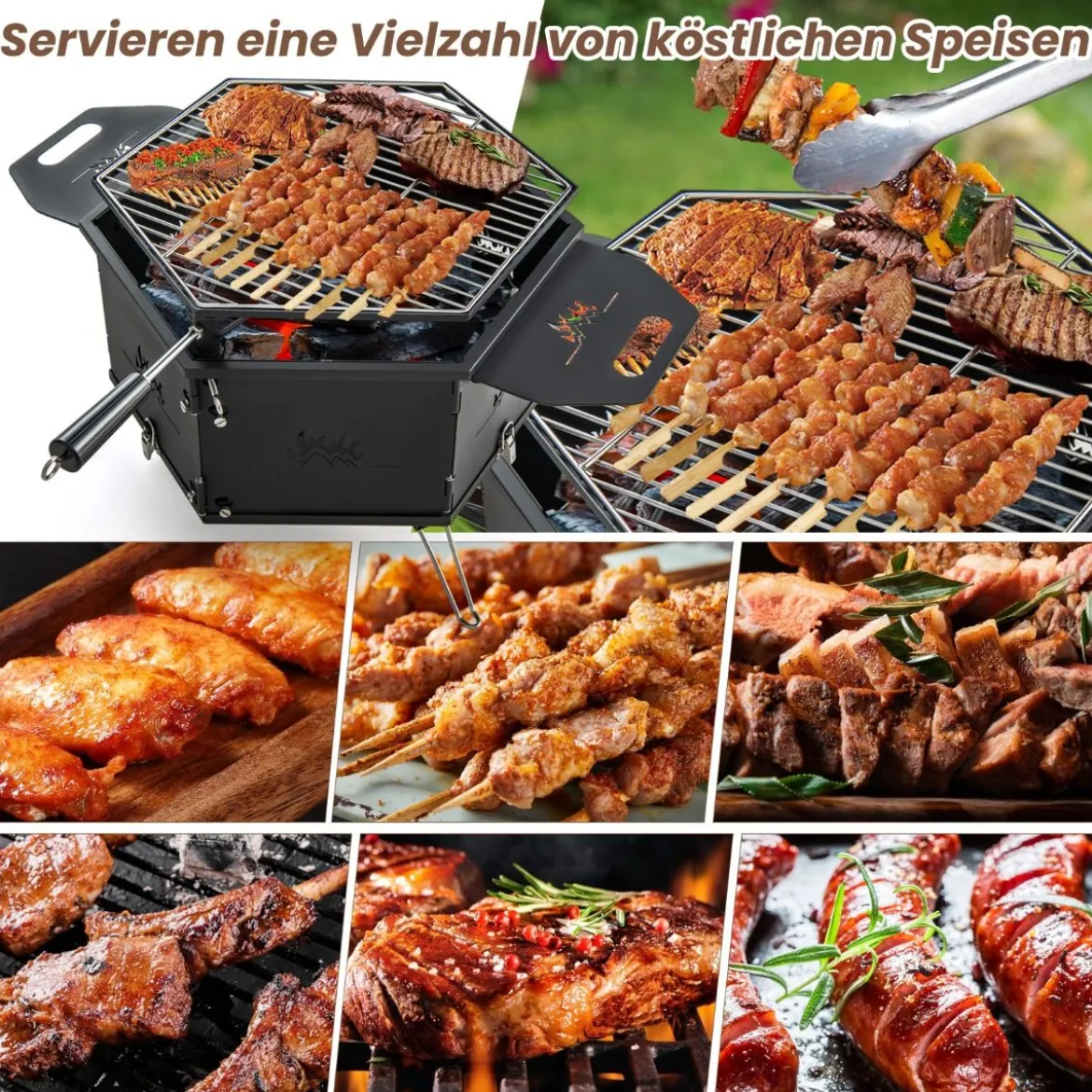 großer Holzkohlegrill mit 360° drehbarem Grill 2 in 1 Feuerschale 77 x 74 x 38 cm