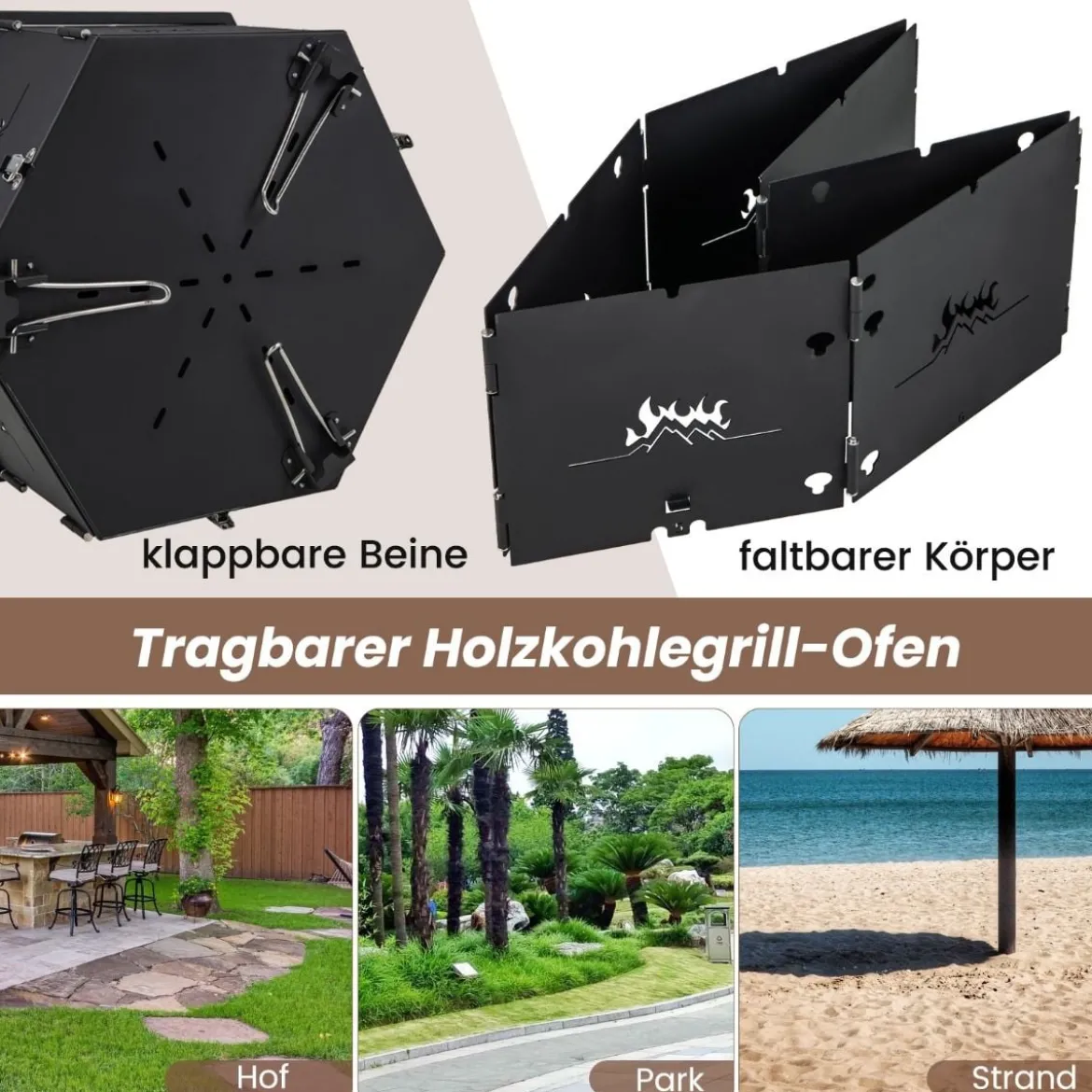 großer Holzkohlegrill mit 360° drehbarem Grill 2 in 1 Feuerschale 77 x 74 x 38 cm