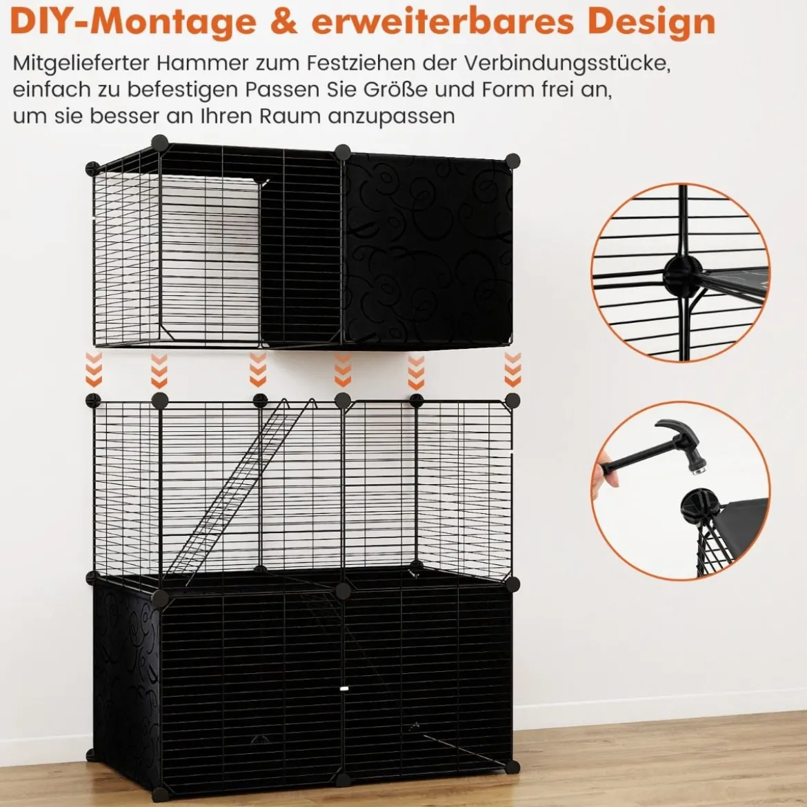 Großer Katzenkäfig 3-stöckiger Katzengehege DIY Katzenhaus mit abnehmbarer Catio-Spielplatz Schwarz 74 x 47 x 110 cm