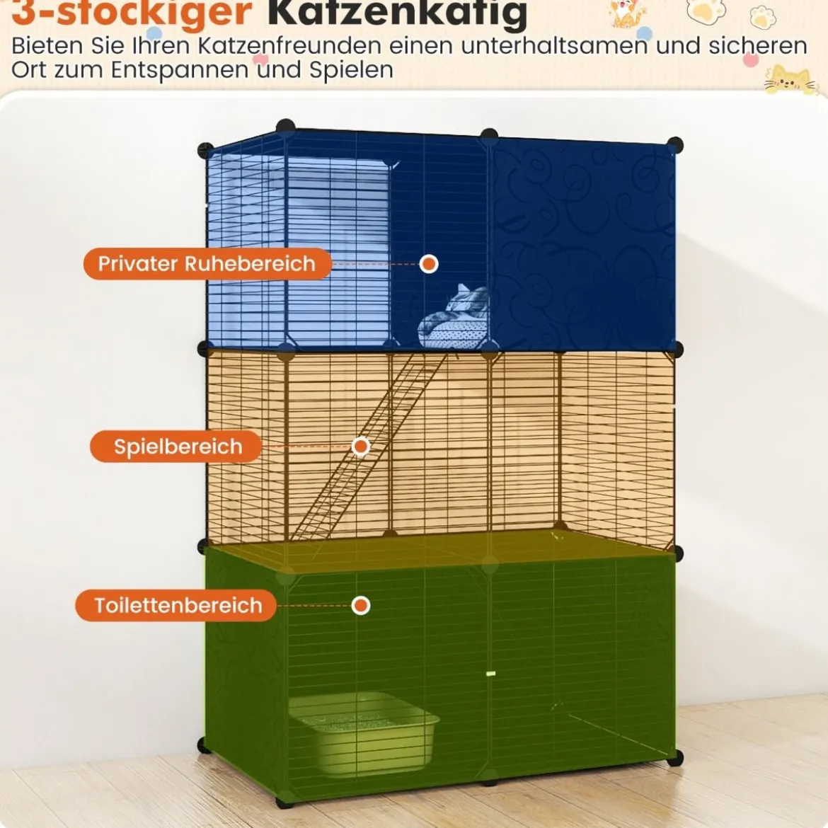 Großer Katzenkäfig 3-stöckiger Katzengehege DIY Katzenhaus mit abnehmbarer Catio-Spielplatz Schwarz 74 x 47 x 110 cm