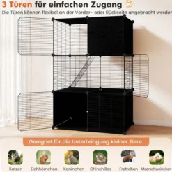 Großer Katzenkäfig 3-stöckiger Katzengehege DIY Katzenhaus mit abnehmbarer Catio-Spielplatz Schwarz 74 x 47 x 110 cm