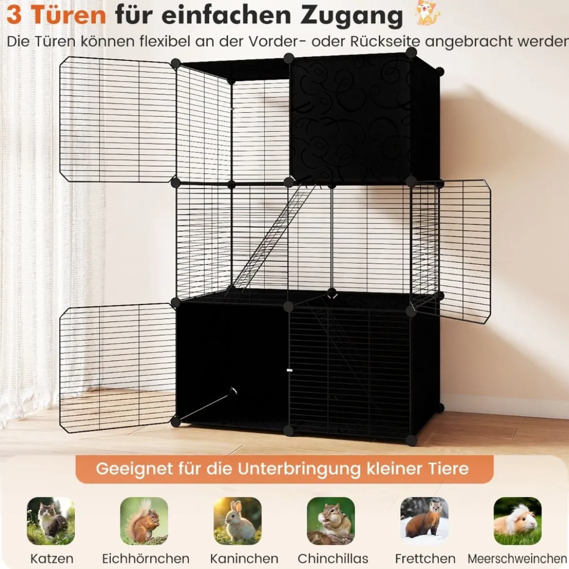 Großer Katzenkäfig 3-stöckiger Katzengehege DIY Katzenhaus mit abnehmbarer Catio-Spielplatz Schwarz 74 x 47 x 110 cm
