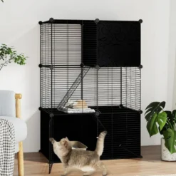 Großer Katzenkäfig 3-stöckiger Katzengehege DIY Katzenhaus mit abnehmbarer Catio-Spielplatz Schwarz 74 x 47 x 110 cm