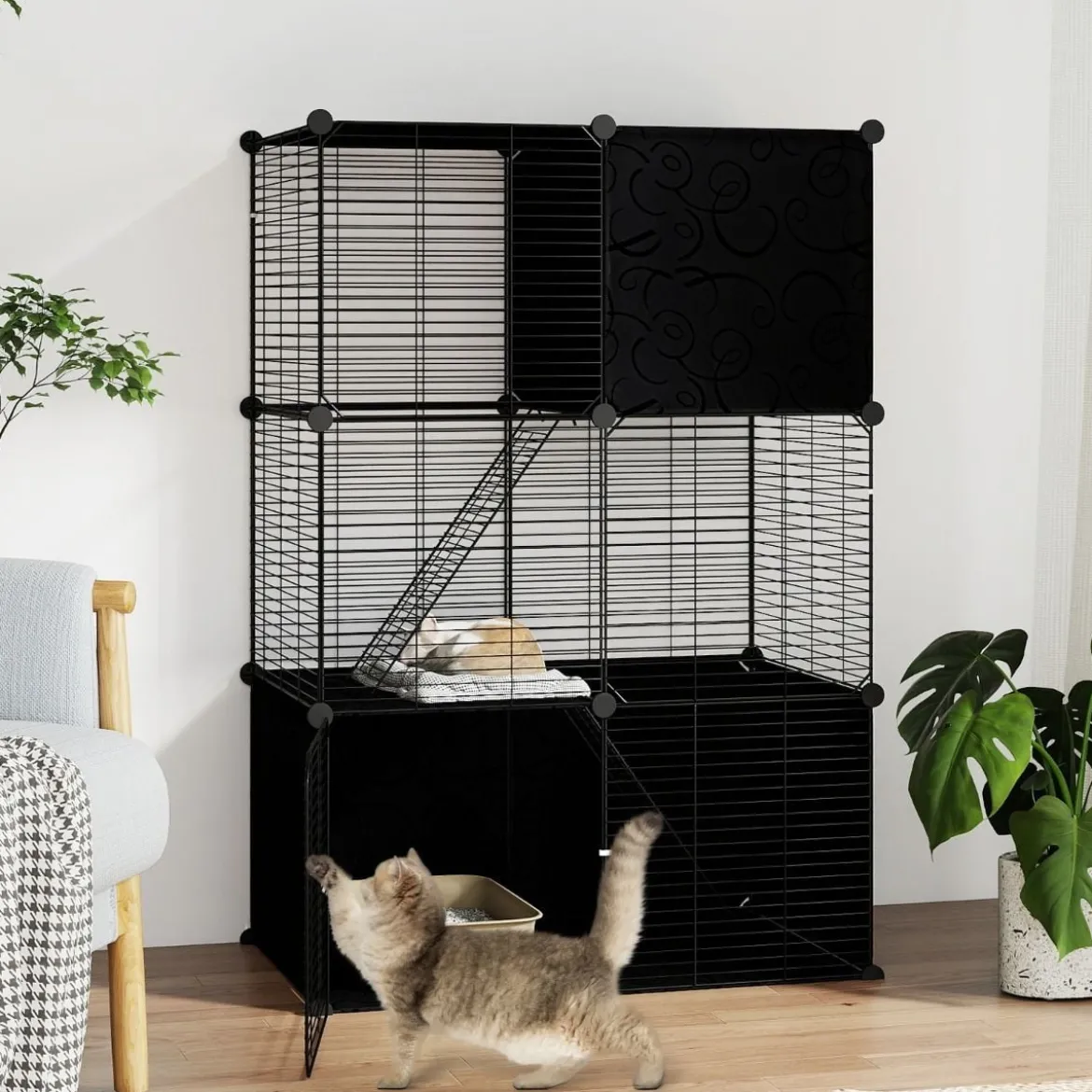 Großer Katzenkäfig 3-stöckiger Katzengehege DIY Katzenhaus mit abnehmbarer Catio-Spielplatz Schwarz 74 x 47 x 110 cm