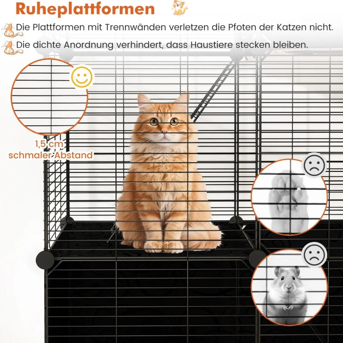 Großer Katzenkäfig 3-stöckiger Katzengehege DIY Katzenhaus mit abnehmbarer Catio-Spielplatz Schwarz 74 x 47 x 110 cm