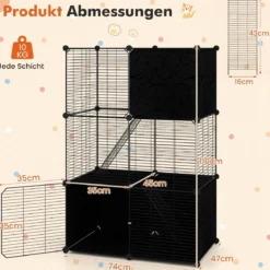 Großer Katzenkäfig 3-stöckiger Katzengehege DIY Katzenhaus mit abnehmbarer Catio-Spielplatz Schwarz 74 x 47 x 110 cm