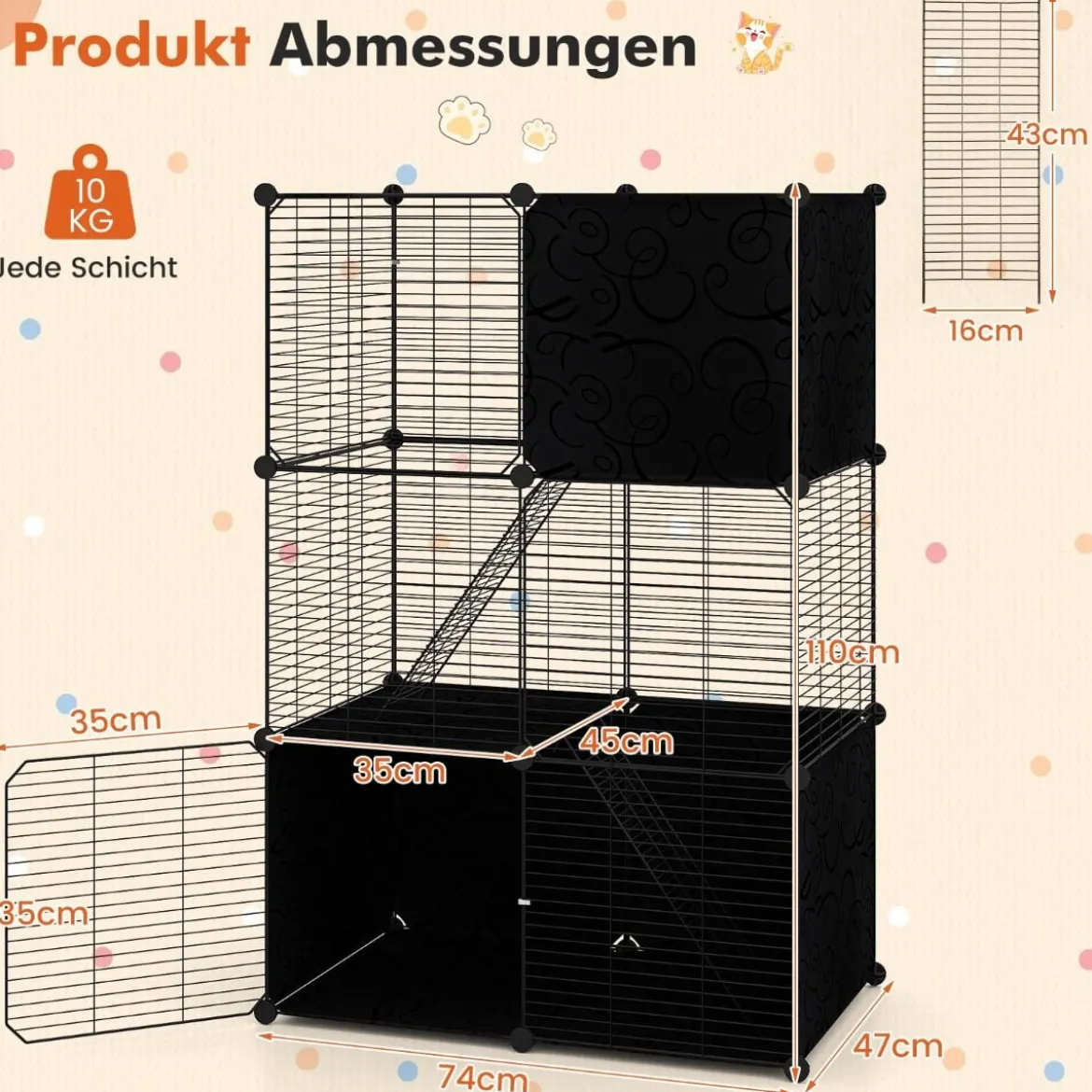 Großer Katzenkäfig 3-stöckiger Katzengehege DIY Katzenhaus mit abnehmbarer Catio-Spielplatz Schwarz 74 x 47 x 110 cm