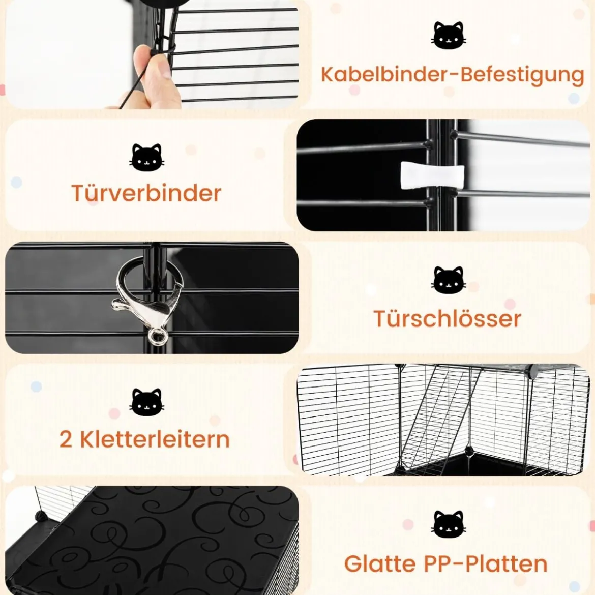 Großer Katzenkäfig 3-stöckiger Katzengehege DIY Katzenhaus mit abnehmbarer Catio-Spielplatz Schwarz 74 x 47 x 110 cm