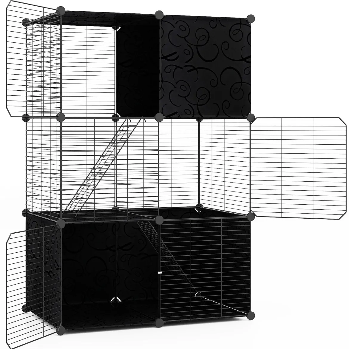Großer Katzenkäfig 3-stöckiger Katzengehege DIY Katzenhaus mit abnehmbarer Catio-Spielplatz Schwarz 74 x 47 x 110 cm