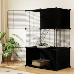 Großer Katzenkäfig 3-stöckiger Katzengehege DIY Katzenhaus mit abnehmbarer Catio-Spielplatz Schwarz 74 x 47 x 110 cm