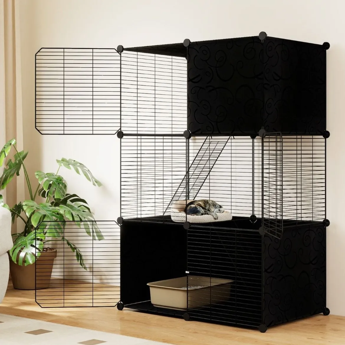 Großer Katzenkäfig 3-stöckiger Katzengehege DIY Katzenhaus mit abnehmbarer Catio-Spielplatz Schwarz 74 x 47 x 110 cm