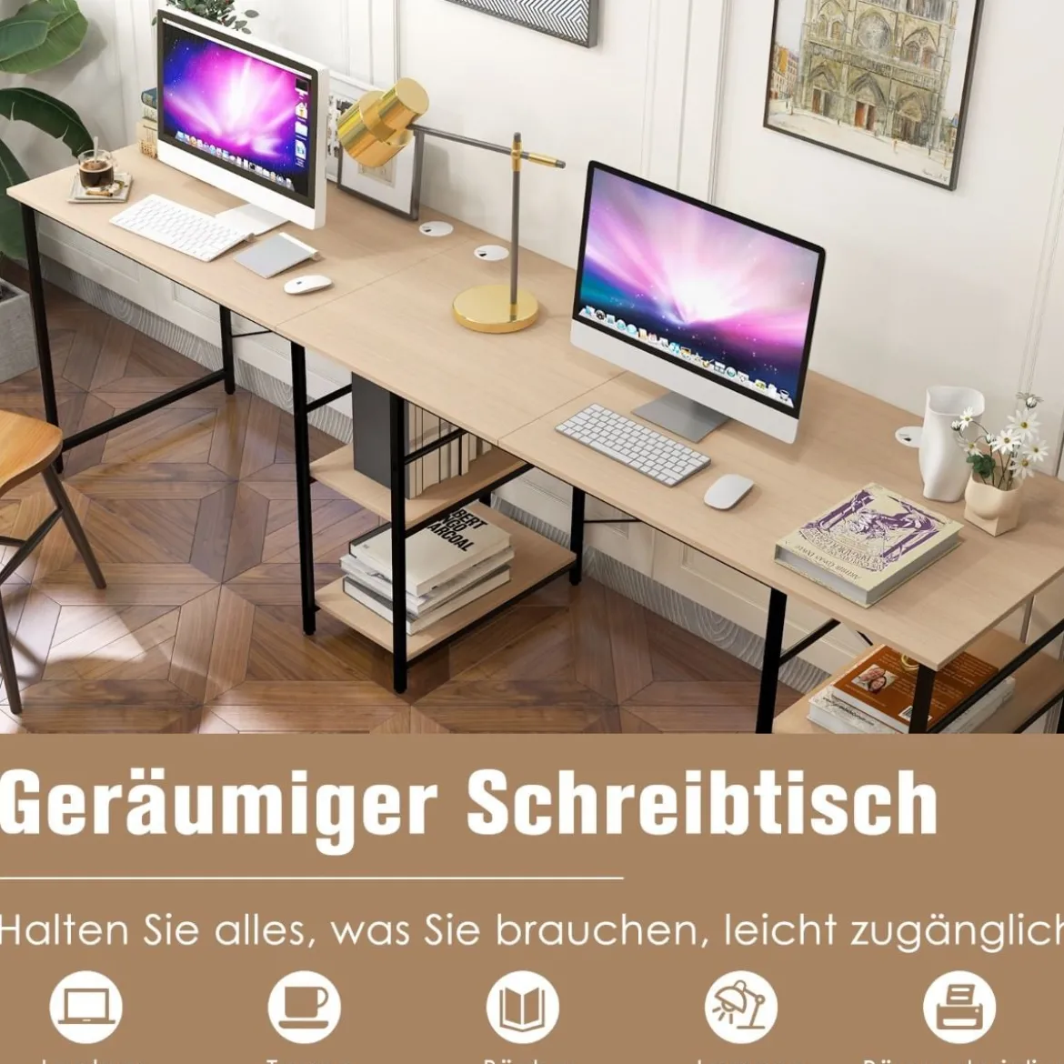 Großer L-förmiger Computertisch mit 4 Ablagefächern für 2 Personen mit CPU-Ständer Natur