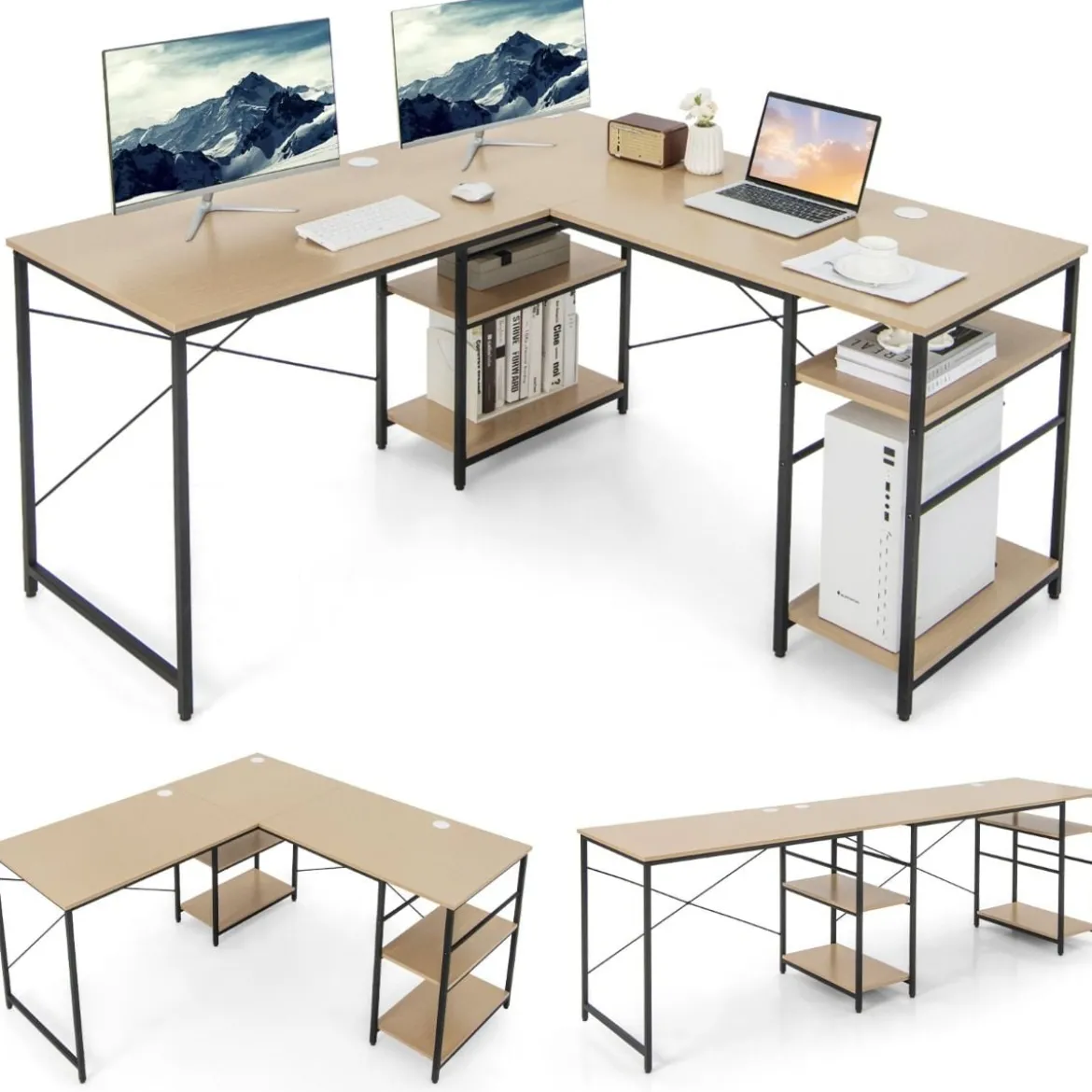 Großer L-förmiger Computertisch mit 4 Ablagefächern für 2 Personen mit CPU-Ständer Natur