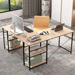 Großer L-förmiger Computertisch mit 4 Ablagefächern für 2 Personen mit CPU-Ständer Natur
