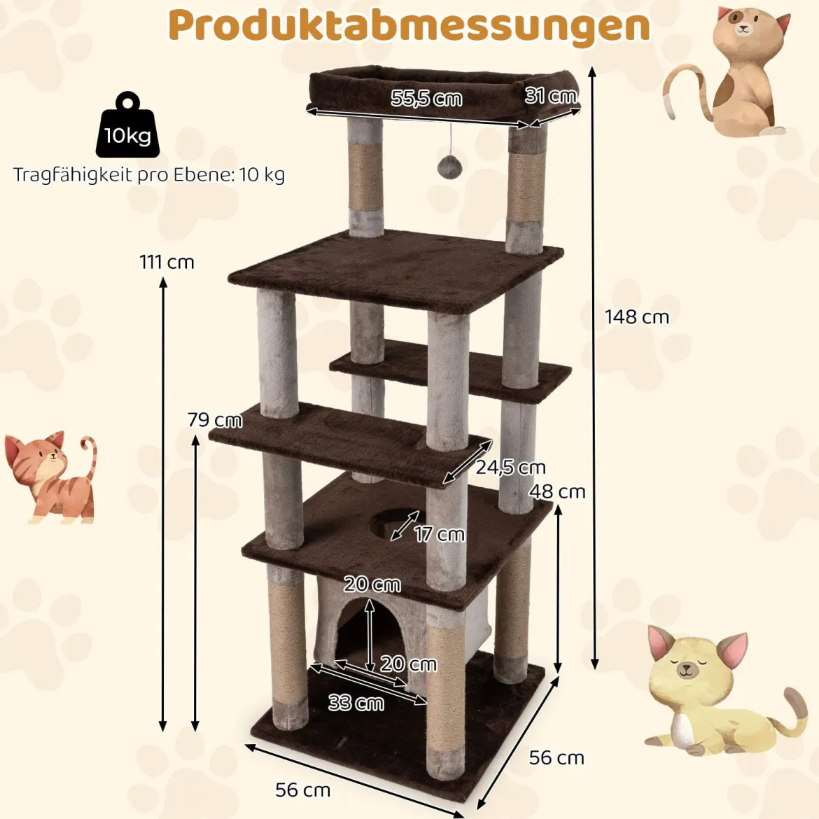 Großer mehrstufiger Kratzbaum 148 cm hoher Katzenturm mit schwingendem Luft-Kondo Plüsch-Liegebett Braun