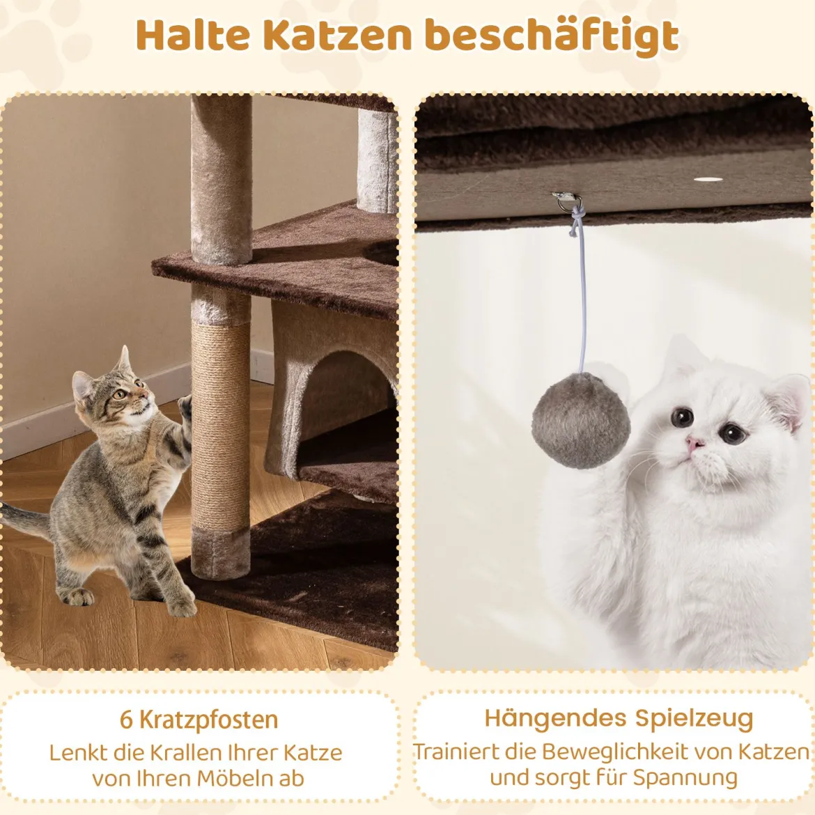 Großer mehrstufiger Kratzbaum 148 cm hoher Katzenturm mit schwingendem Luft-Kondo Plüsch-Liegebett Braun