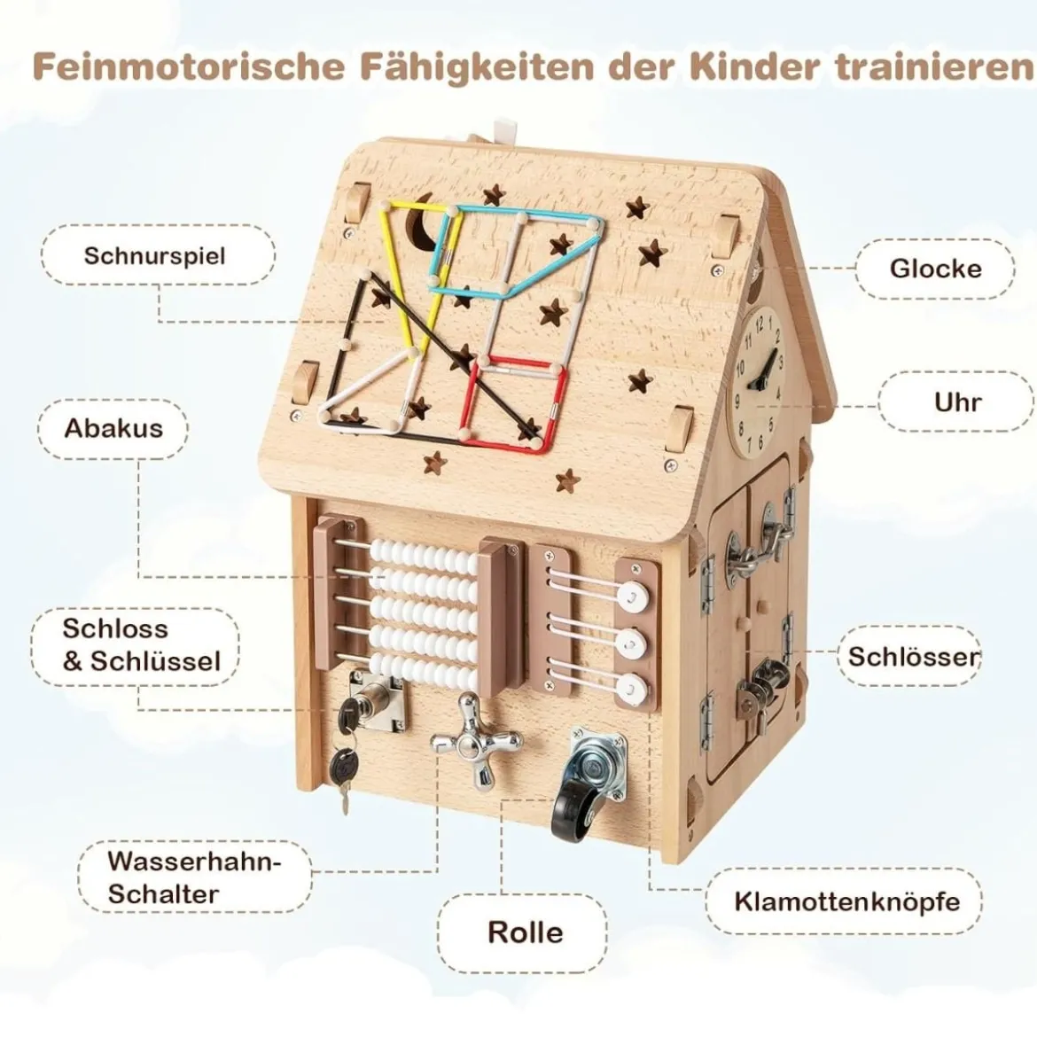 Großer Motorikspielzeug für Kinder ab 3 Jahre Kinderspielhaus aus Holz mit 23 Zubehörteilen & Stauraum